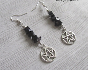 Midnight Goldstone Gemstone Chip Earrings with silver Pentacles. Dark Blue Sparkly Crystal, Perfect Witchy Gift Jewellery