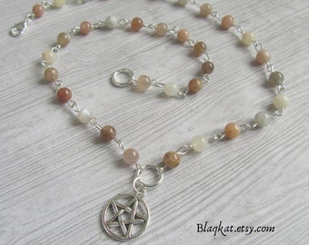 Moonstone Beaded Necklace with Witch Pentacle Charm, Gemstone Jewellery Gift Accessories