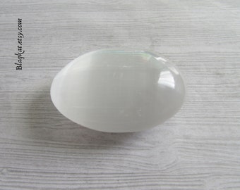 Satin Smooth Selenite Palm Stone Gemstone, Oval Shaped Worry Stone