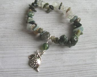 Goddess Persephone Indian Agate Gemstone Chips Stretchy Bracelet With Pomegrante Charm, Greek Goddess of Spring Jewellery