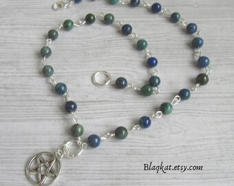 Azurite Gemstone Beaded Necklace with Witch Pentacle Charm, Blue Green Jewellery Gift Accessories