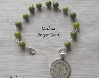 Medusa Mini Prayer Beads with Green Peridot Gemstone Beads to Honour the Snake Haired Greek Gorgon