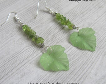 Green Leaf Earrings Featuring Peridot Gemstone Chips, Perfect Green Witch Crystal Jewellery