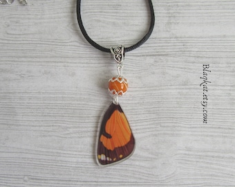 Orange Butterfly Wing Necklace With Agate Gemstone, Great Faerie Lover Gift and Accessory for Cosplay Costume