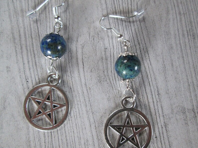 Pagan earrings Earth Goddess earrings Witch earrings Azurite earrings Witchy Wiccan earrings Azurite Pentacle Earrings Gaia earrings