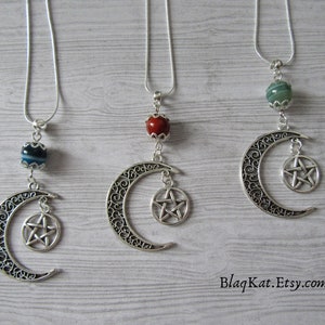 Image of 3 necklaces each featuring a different gemstone bead - blue agate, red jasper and green agate are featured here