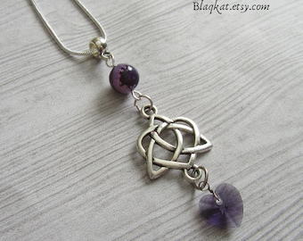 Eternity Triquetra Heart Necklace Featuring Purple Agate Gemstone and Love Heart Charm