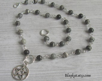 Black and Grey Natural Netstone Gemstone Beaded Necklace with Witch Pentagram Charm, Jewellery Gift Accessories