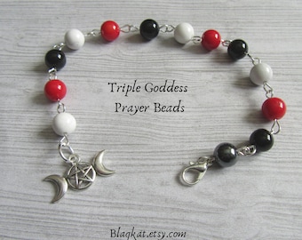 Triple Goddess Mini Prayer Beads, Symbolising the Three Aspects Maiden Mother and Crone Trinity, White Jade Red Coral Black Onyx Hematite