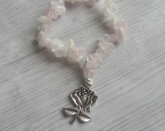 Aphrodite Gemstone Bracelet With Rose Charm, Goddess of Love Stretchy Gemchips Jewellery, Roman Goddess Venus