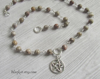 Fossil Crinoid Beaded Necklace with Witchy Pentacle Charm, Gemstone Jewellery Gift Accessories