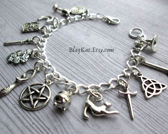 10 Clip on Wiccan Bracelet Charms Pentacle Athame Chalice Witch