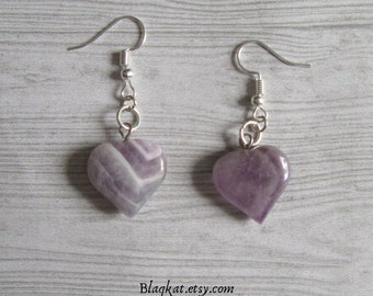Asymmetrical Purple Amethyst Gemstone Crystal Heart Earrings, Witchy Jewellery Gifts