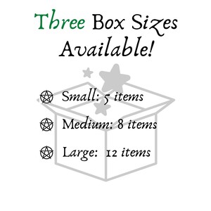 Three Box Sizes available
Small - 5 items
Medium - 8 items
Large - 12 items