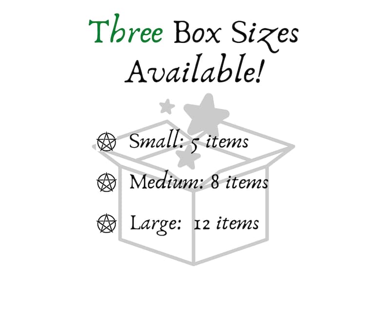 Three Box Sizes available
Small - 5 items
Medium - 8 items
Large - 12 items