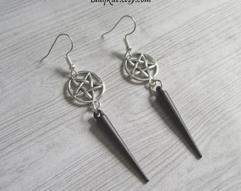 Inverted Pentacle Earrings with long black spike, Lucifer Morning Star Jewellery