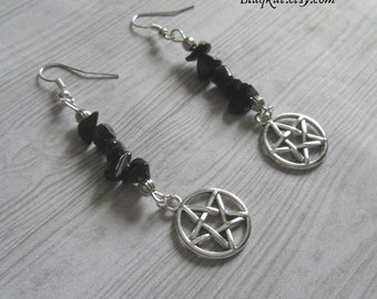 Black Obsidian Gemstone Chip Earrings with silver Pentagrams. Night Crystal, Perfect Witchy Gift Jewellery