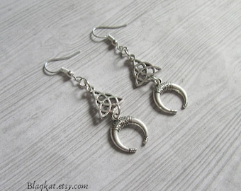 Silver Triquetra and Horn Earrings, Celtic Trinity Knot, clip on available