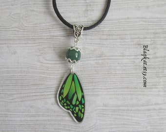 Green Butterfly Wing Pendant On Cotton Cord With Green Aventurine Gemstone, Perfect Gift For Nature Lovers