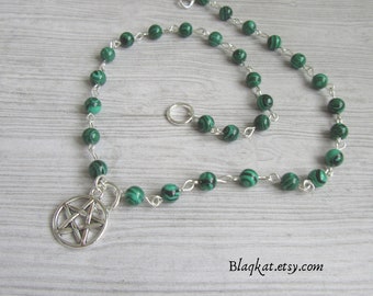 Green and Black Malachite Gemstone Beaded Necklace with Witch Pentagram Charm, Jewellery Gift Accessories