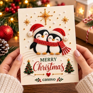 Plantilla de tarjeta de hilo con pingüino navideño, patrón de bordado en papel, imprimible para manualidades.
