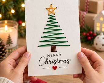 Biglietto di Natale con ricamo su carta e filo, biglietto fai da te con arte su filo, kit creativo stampabile, download digitale