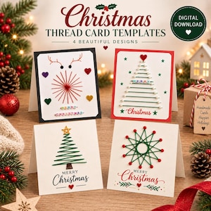 May include: Four white folded cards featuring Christmas thread art designs. The cards display string-art patterns of a reindeer, a Christmas tree with beads, a simple tree, and a starburst, with text reading Merry Christmas and Digital Download.