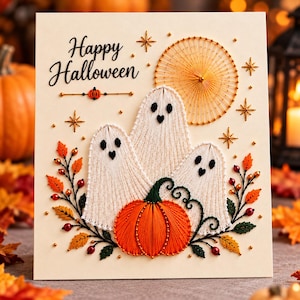 Mall för Halloween-trådkort, broderimönster för spökpumpapapper, gör-det-själv-strängkonst, digital nedladdning