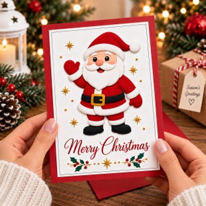 Op de afbeelding: Een rechthoekige kerstkaart met een witte achtergrond en een rode rand. De kaart bevat een 3D-stijl illustratie van een zwaaiende kerstman, gouden steraccenten en de tekst Merry Christmas in rode letters boven hulsttakjes.