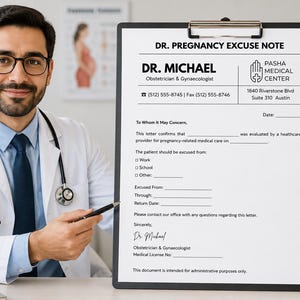 Puede incluir: Un portapapeles negro con un formulario de nota de excusa por embarazo del Dr. Michael, obstetra y ginecólogo del Pasha Medical Center en Austin. El documento incluye campos para los datos del paciente, fechas de excusa y una línea de firma.