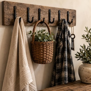 May include: A rectangular wooden wall rack featuring six black metal hooks. A beige towel hangs on the first hook, a brown woven basket with a green plant hangs on the second, and a black and white plaid shirt hangs on the third hook.