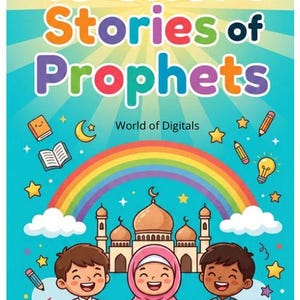 May include: A book cover titled 10 Short Stories of Prophets by World of Digitals, featuring three smiling children, a mosque, a rainbow, clouds, stars, books, pencils, and a lightbulb against a bright blue sunburst background.