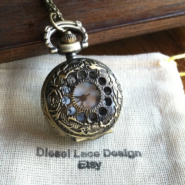 Pocket Watch Necklace small mini steam punk pendant antique vintage cool jewelry diselpunk womens bridesmade gift wedding