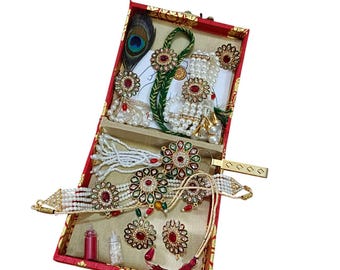 Kundan Pearl Rakhi Gift Set, Peacock Feather, Traditional Indian Festival Box