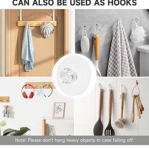 May include: A set of clear, crystal-style adhesive hooks with a circular white backing. The image displays the text CAN ALSO BE USED AS HOOKS and Note: Please don't hang heavy objects in case falling off. The hooks are shown holding various items.