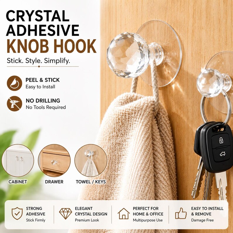 May include: A clear crystal adhesive knob hook with a faceted spherical head and a circular transparent base. The product is shown mounted on a wooden surface, holding a beige towel and a set of metal keys on a ring, with instructional text.