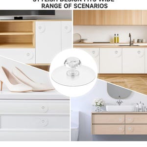 May include: A clear, faceted, round glass knob attached to a circular, transparent adhesive backing. The image includes the text STYLISH DESIGN FITS WIDE RANGE OF SCENARIOS and shows the knob applied to various white and wooden cabinet doors.