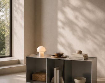 Mesa consola metálica Japandi moderna, armario de almacenamiento minimalista para recibidor.