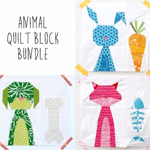 May include: A set of four quilt blocks featuring animal designs. The blocks are made of fabric scraps in various colors and patterns. The animals include a bunny holding a carrot, a dog with a bone, a cat with a fish, and a fox with a fish.