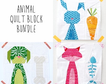 Cat Dog and Bunny quilt block bundle - animal quilt blocks - paper piecing pattern