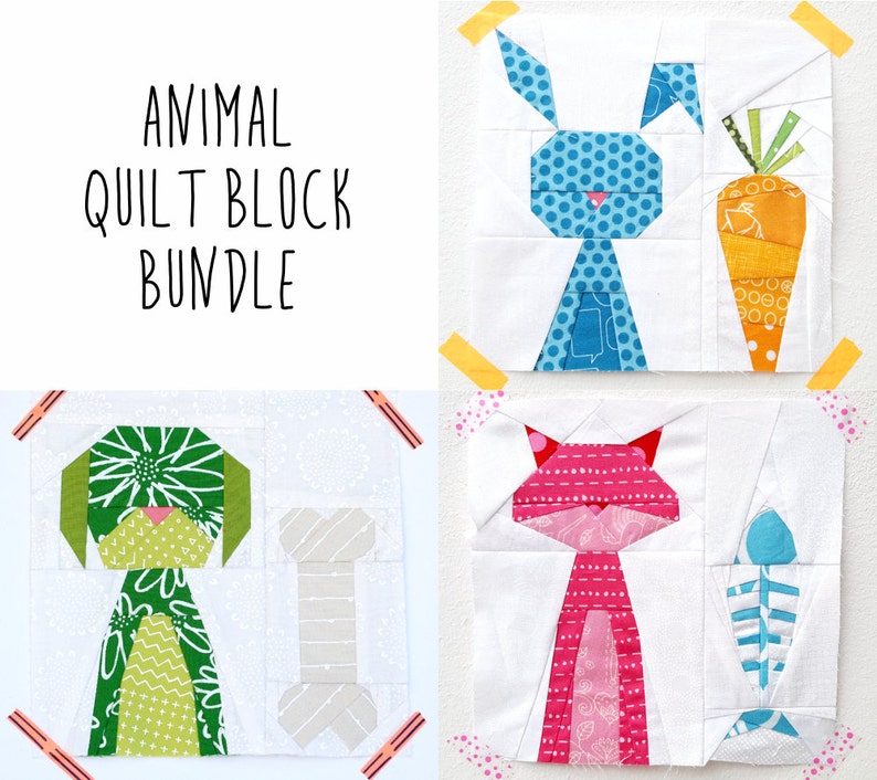 Cat Dog and Bunny quilt block bundle animal quilt blocks paper piecing pattern image 1
