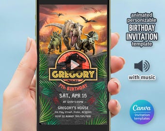 May include: A smartphone screen displaying a digital birthday invitation template featuring a dinosaur scene with a T-Rex, Triceratops, and Stegosaurus. The text reads GREGORY 7th BIRTHDAY, SAT, APR 15, AT 12:15-1:45PM, GREGORY'S HOUSE, 234 Play Street, Frolic, AZ 85001.
