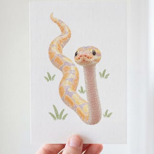 May include: A rectangular art print featuring a digital illustration of a snake with yellow and lavender scales. The snake is positioned upright against a white background, surrounded by small, simple green grass tufts drawn in a textured style.