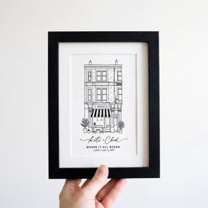 Może przedstawiać: Czarna oprawiona grafika przedstawiająca czarno-biały rysunek liniowy fasady budynku z markizą w paski. Tekst brzmi Monocle, Kate + Chad, WHERE IT ALL BEGAN oraz London | July 15, 2025, wyśrodkowany na białym tle.