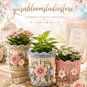 Puede incluir: Tres fundas cilíndricas de ganchillo para macetas con adornos florales detallados. La funda izquierda es crema con flores rosas, la central es crema con flores azules y rosas, y la derecha es rosa con flores blancas. Texto: yarnbloomstudiostore.