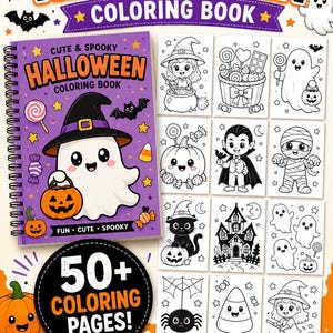 Może przedstawiać: Kolorowanka na Halloween z fioletową okładką przedstawiającą ducha, dynię oraz napis "CUTE & SPOOKY HALLOWEEN COLORING BOOK". Książka zawiera ponad 50 stron do kolorowania z ilustracjami duchów, wampirów, mumii i czarownic.