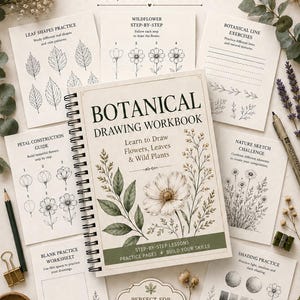 May include: A botanical drawing workbook with a spiral binding, surrounded by various practice sheets including leaf shapes, wildflower steps, petal construction, and shading exercises. The pages feature black line art illustrations.