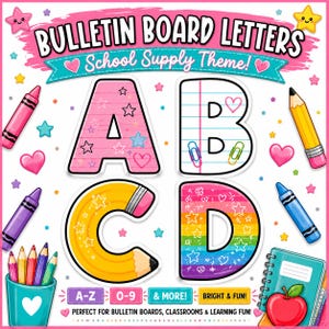 School Supply Bulletin Board Alphabet Letters Printable | Classroom Decor A-Z, Numbers & Symbols | Back to School Teacher Display PDF
