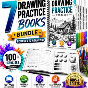 May include: A bundle of seven spiral-bound drawing practice workbooks featuring a cabin illustration on the cover. The set includes over 100 exercises for beginners to advanced artists, with an open book showing basic shapes, shading, and line practice.