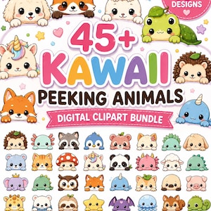 Puede incluir: Un paquete de imágenes prediseñadas digitales con más de 45 animales kawaii asomándose. El gráfico muestra varias criaturas de dibujos animados, incluyendo un cachorro, panda rojo, conejo, tortuga y unicornio. El texto dice 45+ KAWAII PEEKING ANIMALS.